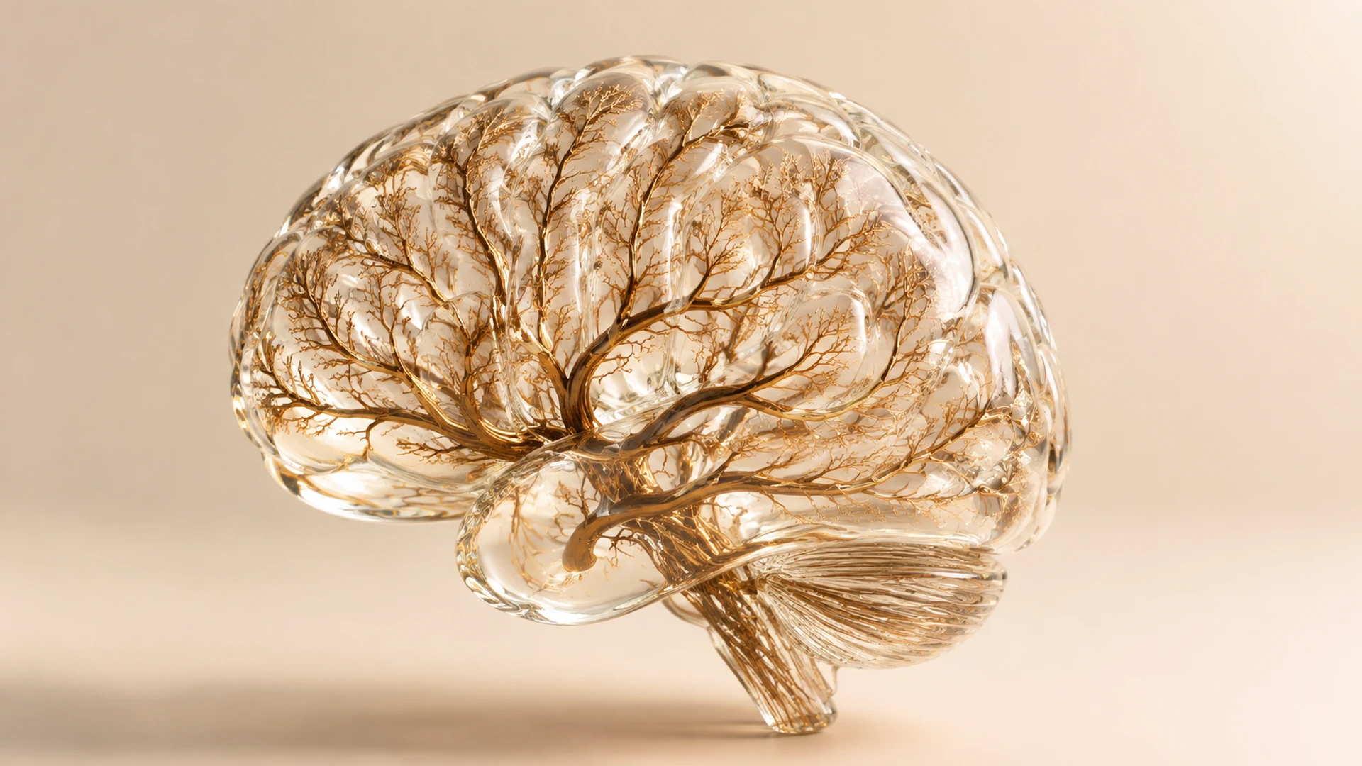 Representación artística de un cerebro de cristal con ramificaciones vasculares de cobre