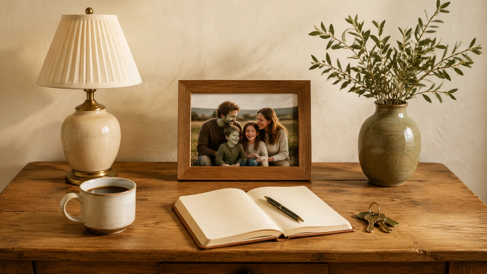Una mesa con taza, lámpara, fotografía familiar, cuaderno y una planta