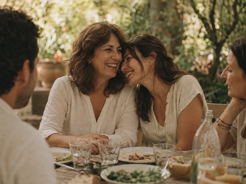 Una familia comparte una comida en el jardín