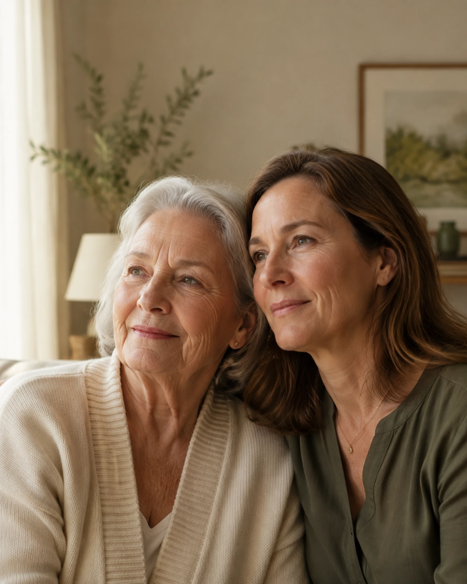 Madre e hija sentadas juntas junto a una ventana